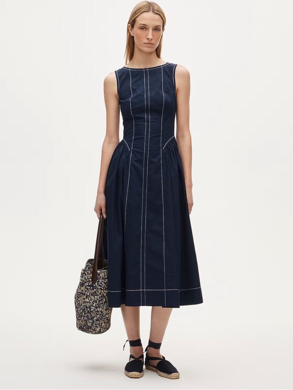 J Crew Contrast Stitch Midi Dress 8 Navy Blue NWT CU793 Coastal Nautical Y2K